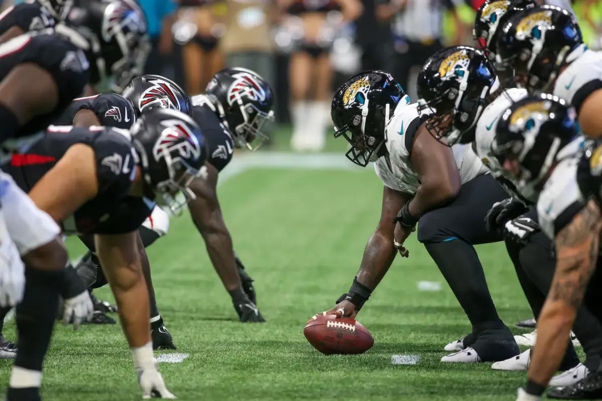 Aug 27, 2022; Atlanta, Georgia, USA; A general view of the line of scrimmage during a game between the Atlanta Falcons and Jacksonville Jaguars in the first half at Mercedes-Benz Stadium.