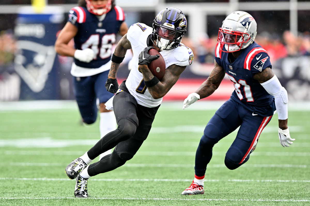 Rashod Bateman running upfield on Sept. 15, 2022, against the New England Patriots. 