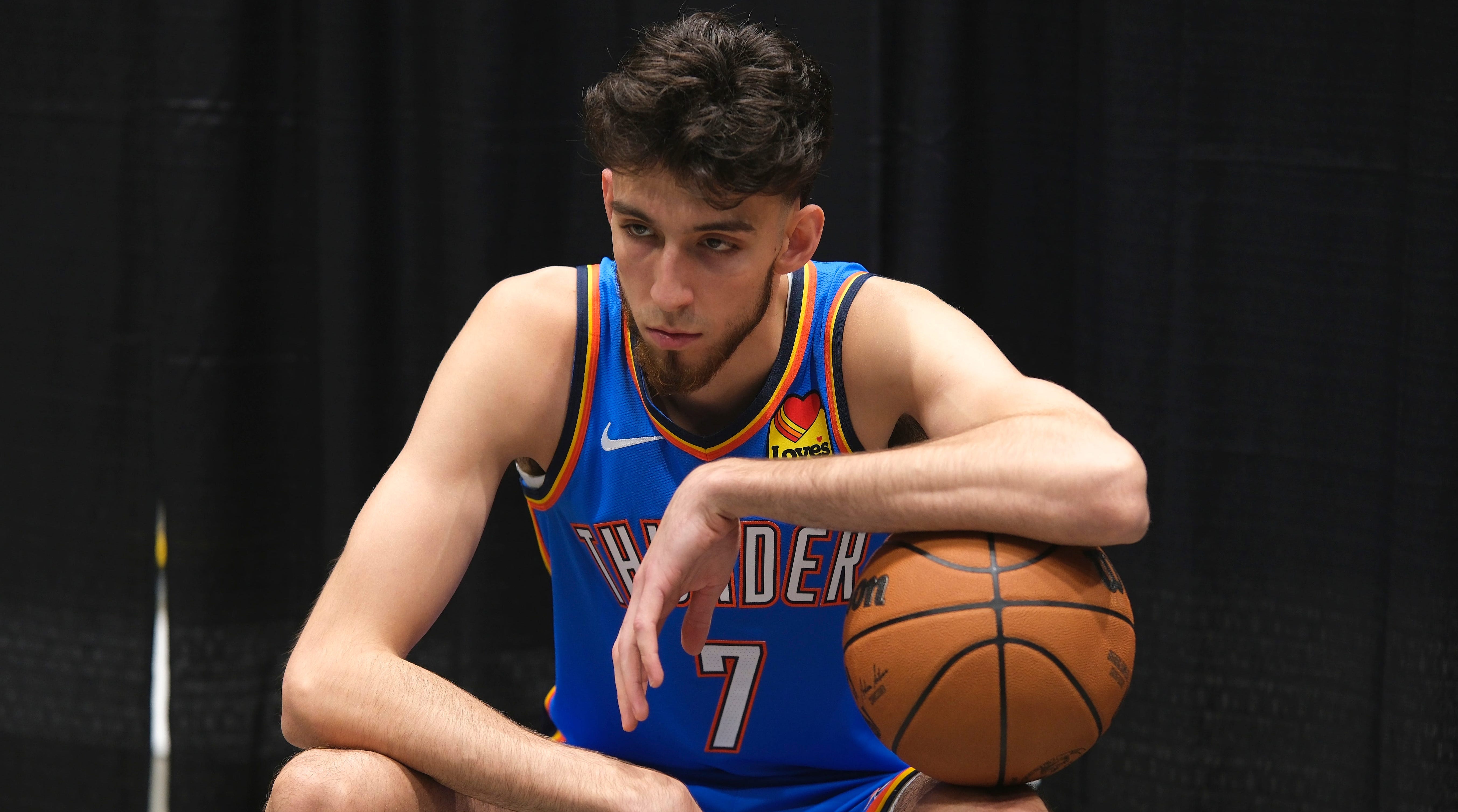 Thunder center Chet Holmgren poses for a photo at 2023 media day
