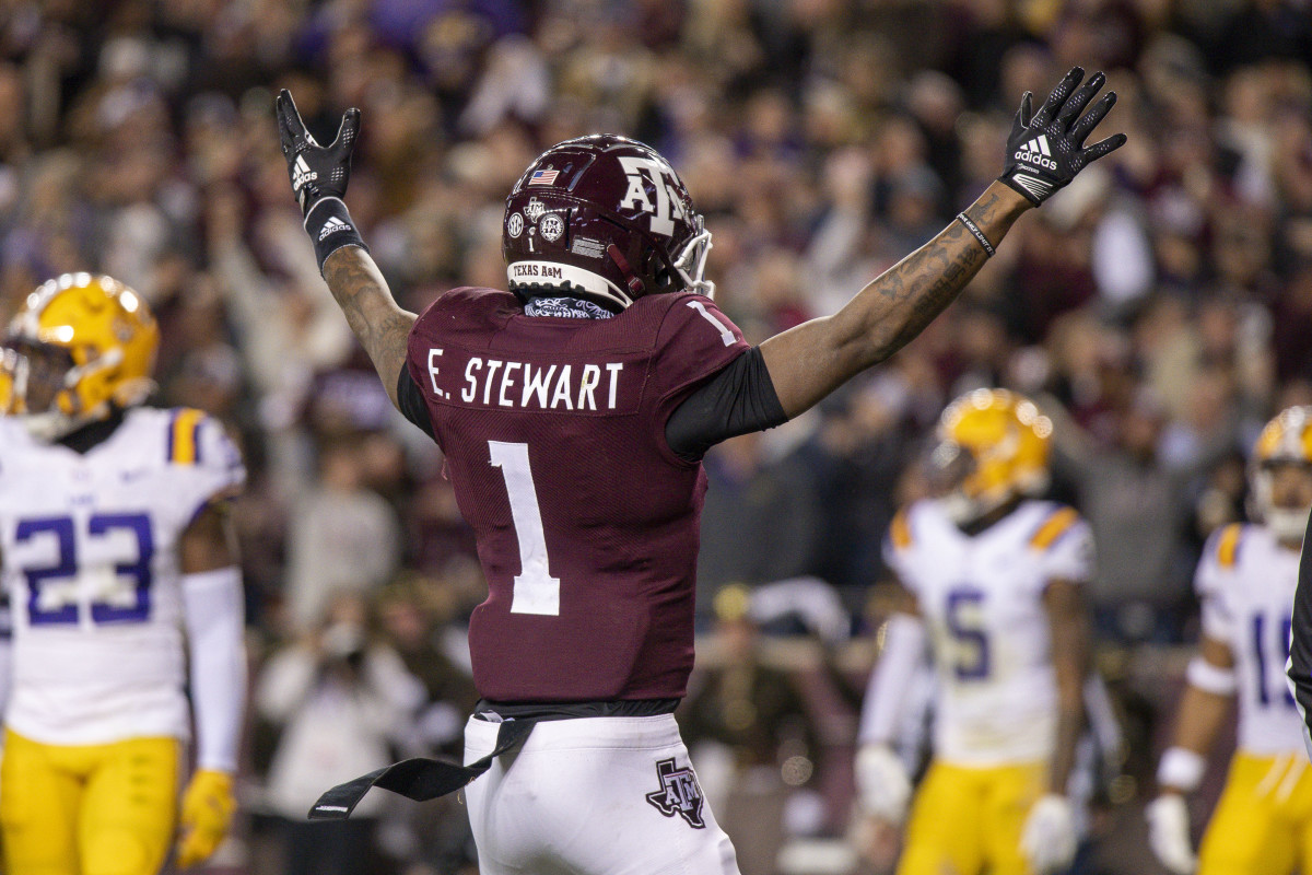 Texas A&M WR Evan Stewart playing against LSU. (Photo by Jerome Miron of USA Today Sports)