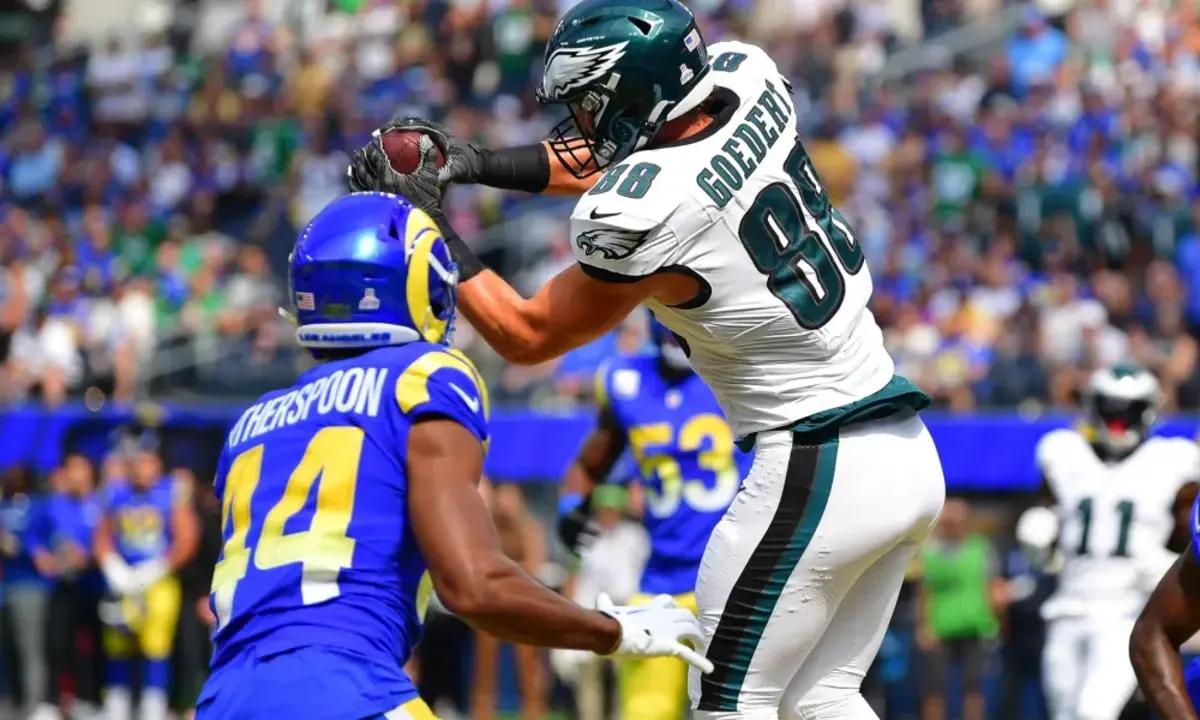 Philadelphia Eagles tight end Dallas Goedert caught eight passes for 117 yards and a touchdown in a 23-14 win over the Los Angeles Rams.