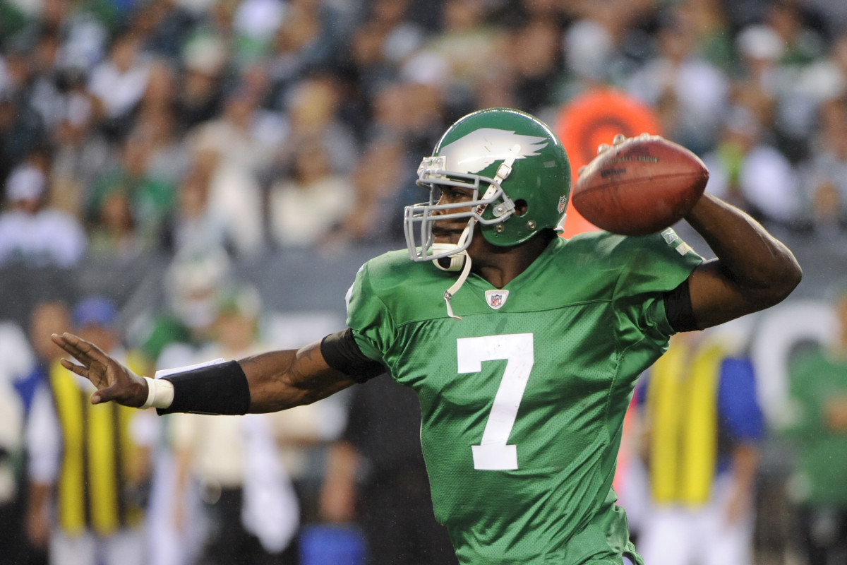 Michael Vick models the Kelly Green throwback uniforms that the Philadelphia Eagles wore in Week 1 of the 2010 NFL season. 