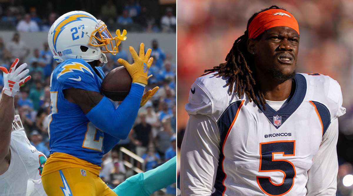 Separate photos of J.C. Jackson and Randy Gregory, playing for their old teams before recent trades.