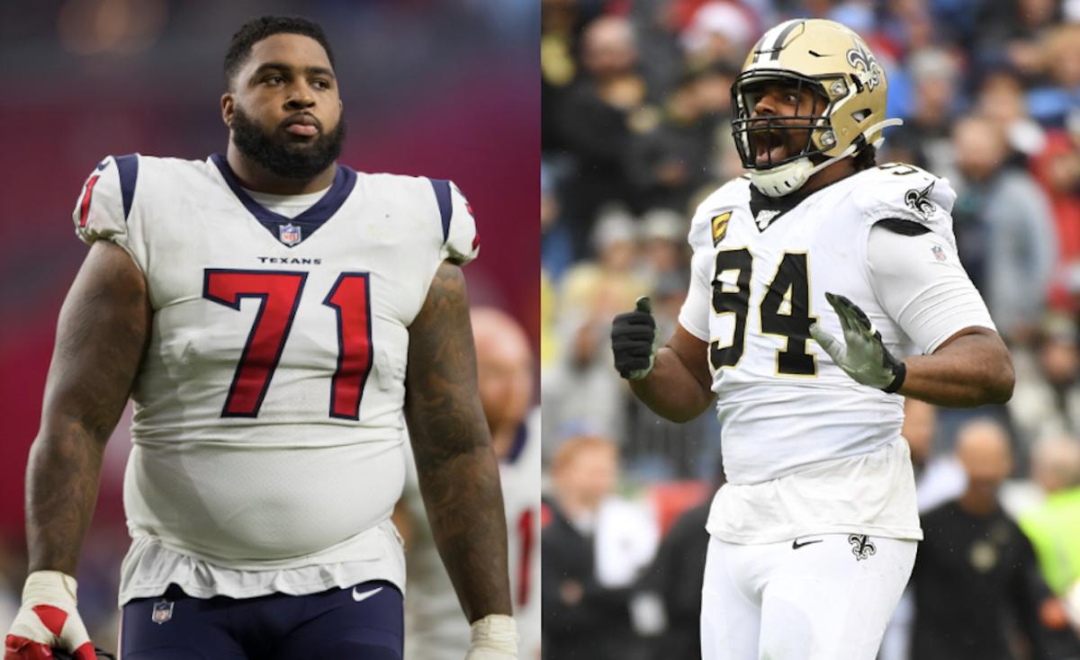 Houston Texans right tackle Tytus Howard (71) and New Orleans Saints defensive end Cameron Jordan (94).