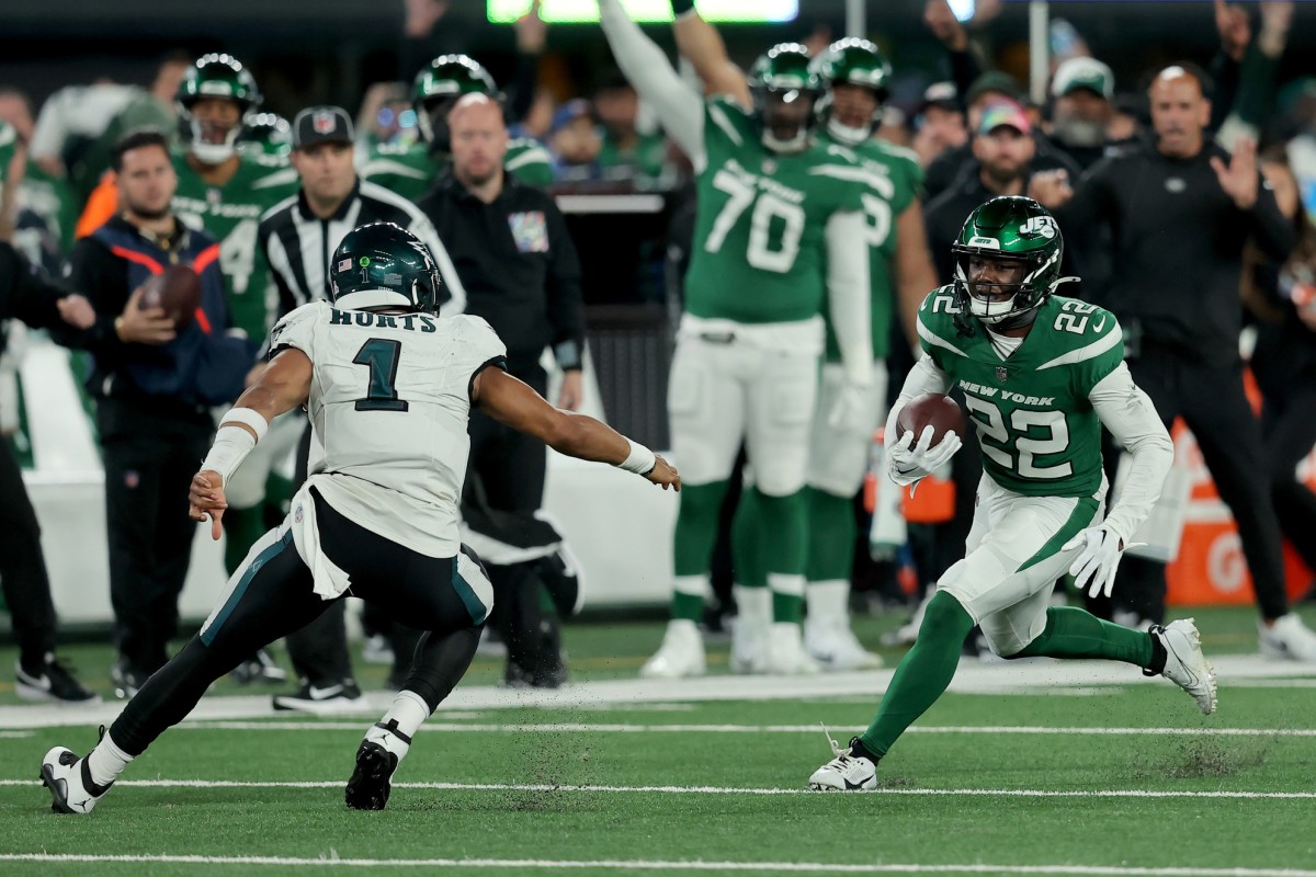 Jets safety Tony Adams intercepted Eagles quarterback Jalen Hurts late in the fourth quarter and returned the pick 45 yards to set up Breece Hall's game-winning touchdown run against the Eagles in Week 6.