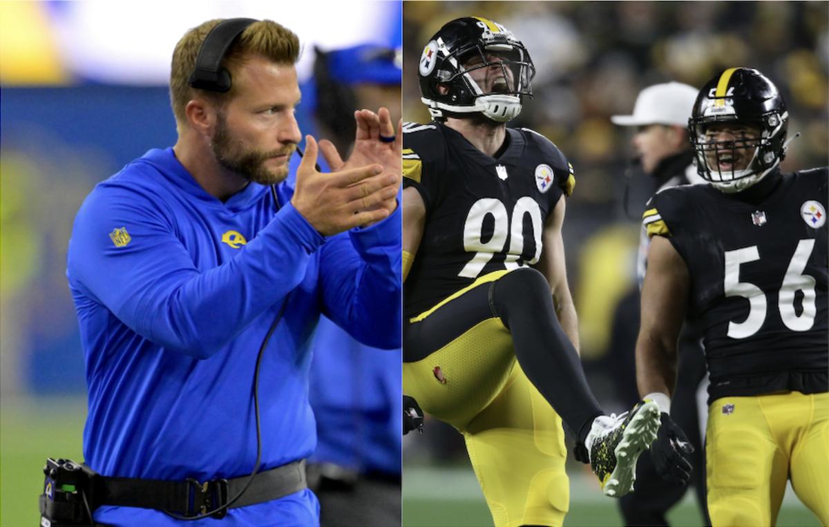Los Angeles Rams coach Sean McVay and Pittsburgh Steelers pass-rushers T.J. Watt (90) and Alex Highsmith (56).