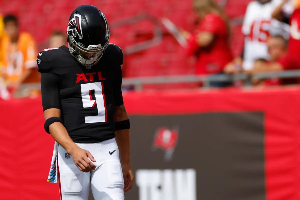 TAMPA, FLORIDA - OCTOBER 22: Desmond Ridder #9 of the Atlanta Falcons looks on before the game against the Tampa Bay Buccaneers at Raymond James Stadium on October 22, 2023 in Tampa, Florida.