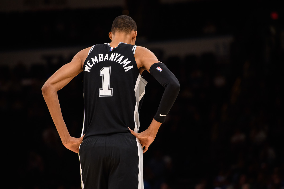 Oct 9, 2023; Oklahoma City, Oklahoma, USA; San Antonio Spurs center Victor Wembanyama (1) during the game against the Oklahoma City Thunder at Paycom Center.