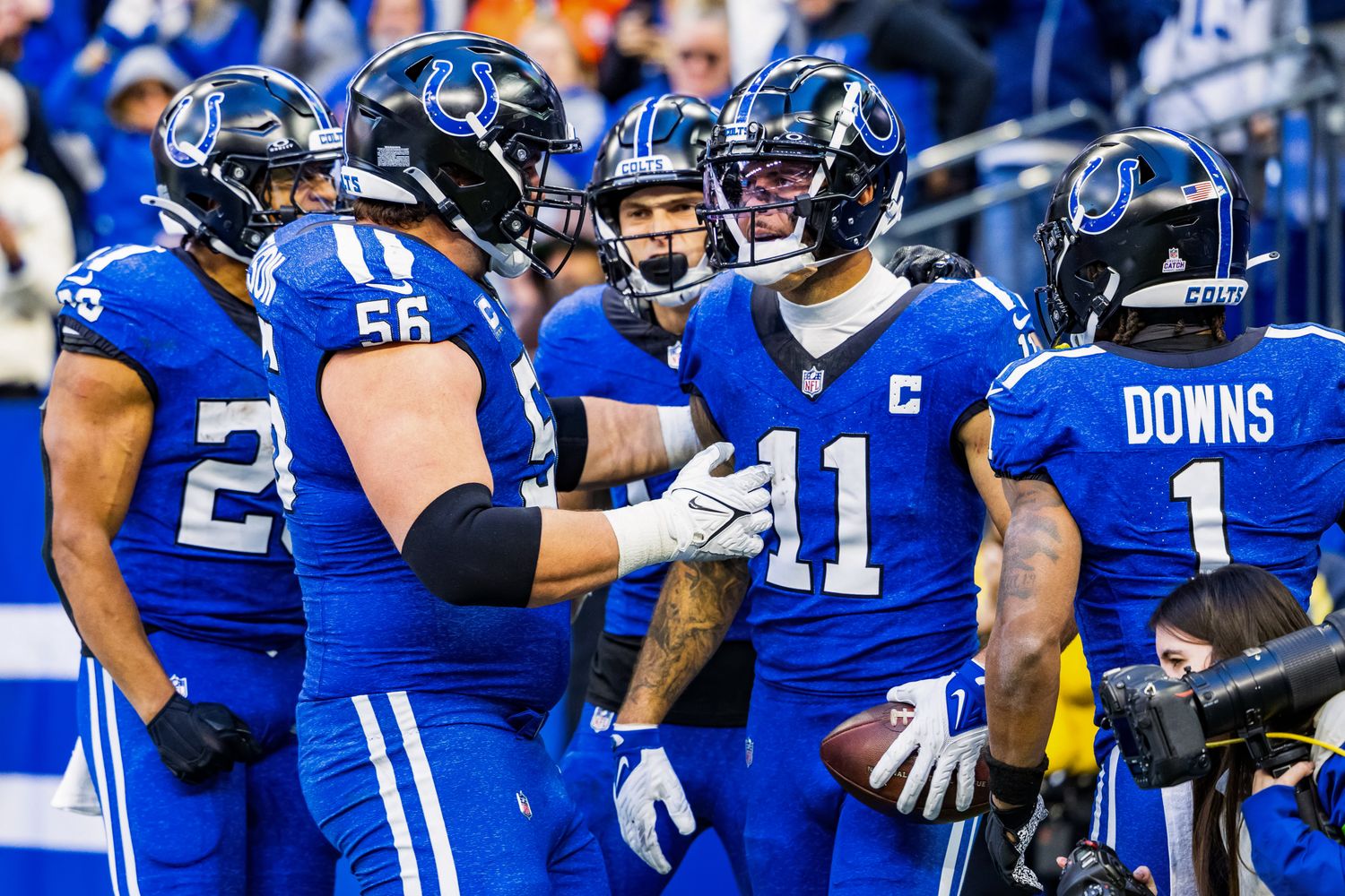 Oct 22, 2023; Indianapolis, Indiana, USA; Indianapolis Colts wide receiver Michael Pittman Jr. (11) celebrates his touchdown with teammates in the second half against the Cleveland Browns at Lucas Oil Stadium. Mandatory Credit: Trevor Ruszkowski-USA TODAY Sports