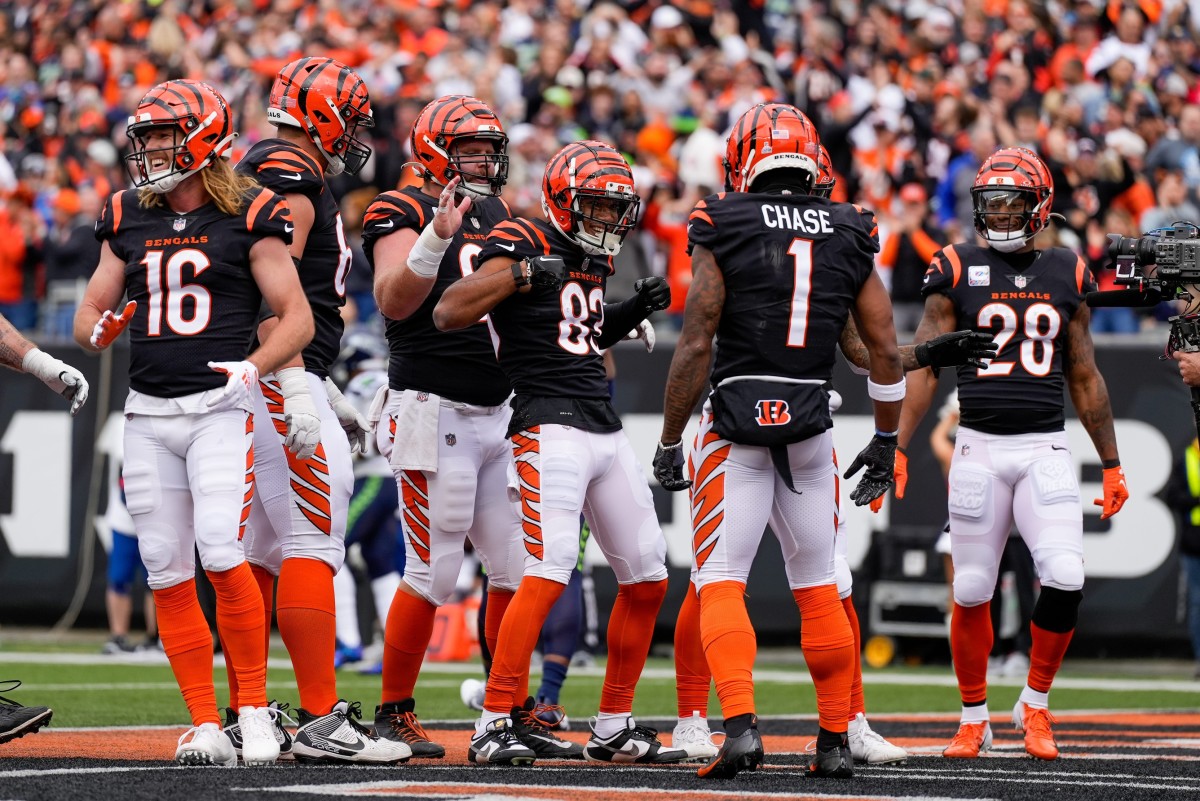 Cincinnati Bengals wide receiver Tyler Boyd (83) celebrates a touchdown in the first quarter of the NFL Week 6 game between the Cincinnati Bengals and the Seattle Seahawks at Paycor Stadium in downtown Cincinnati on Sunday, Oct. 15, 2023.  