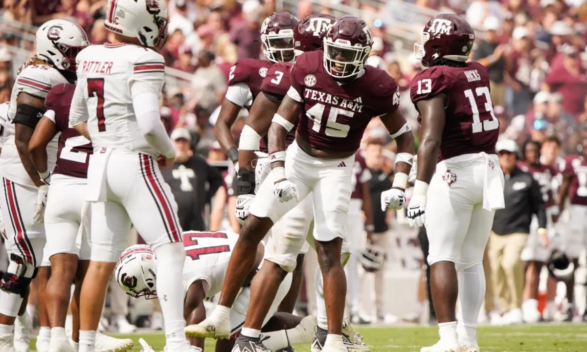 Oct 28, 2023; College Station, Texas; Texas A&M Aggies linebacker Edgerrin Cooper (45) celebrates a tackle against the South Carolina Gamecocks during the second quarter at Kyle Field.