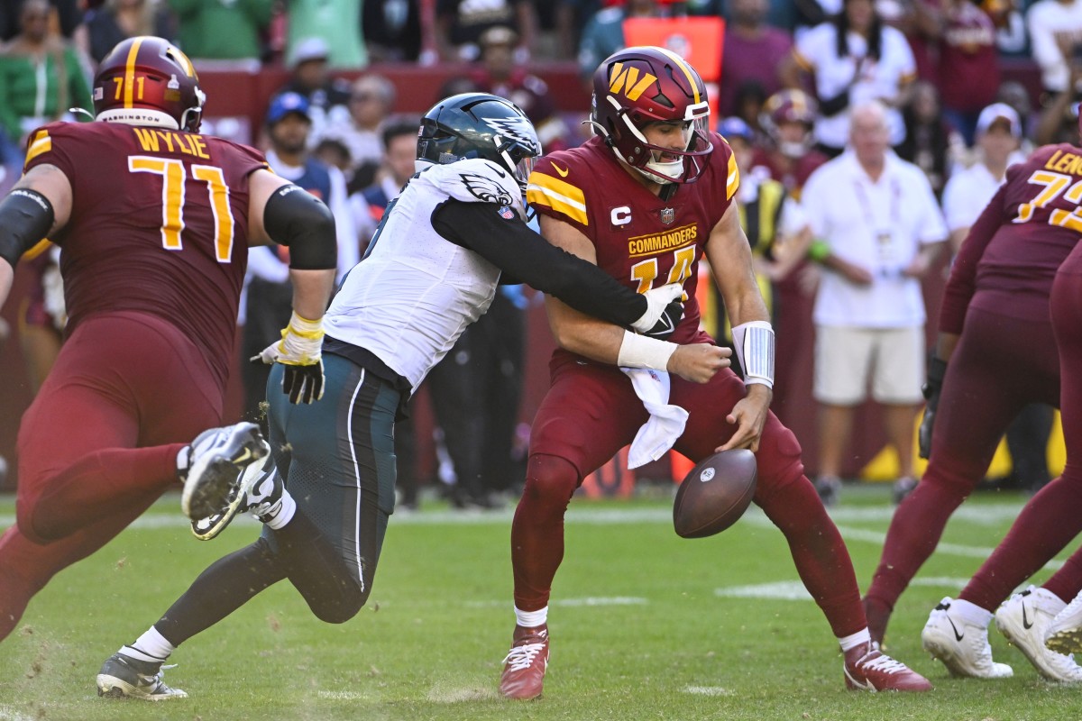 Haason Reddick sacks Washington Commanders Sam Howell in Week 8, a game won by the Philadelphia Eagles, 38-31