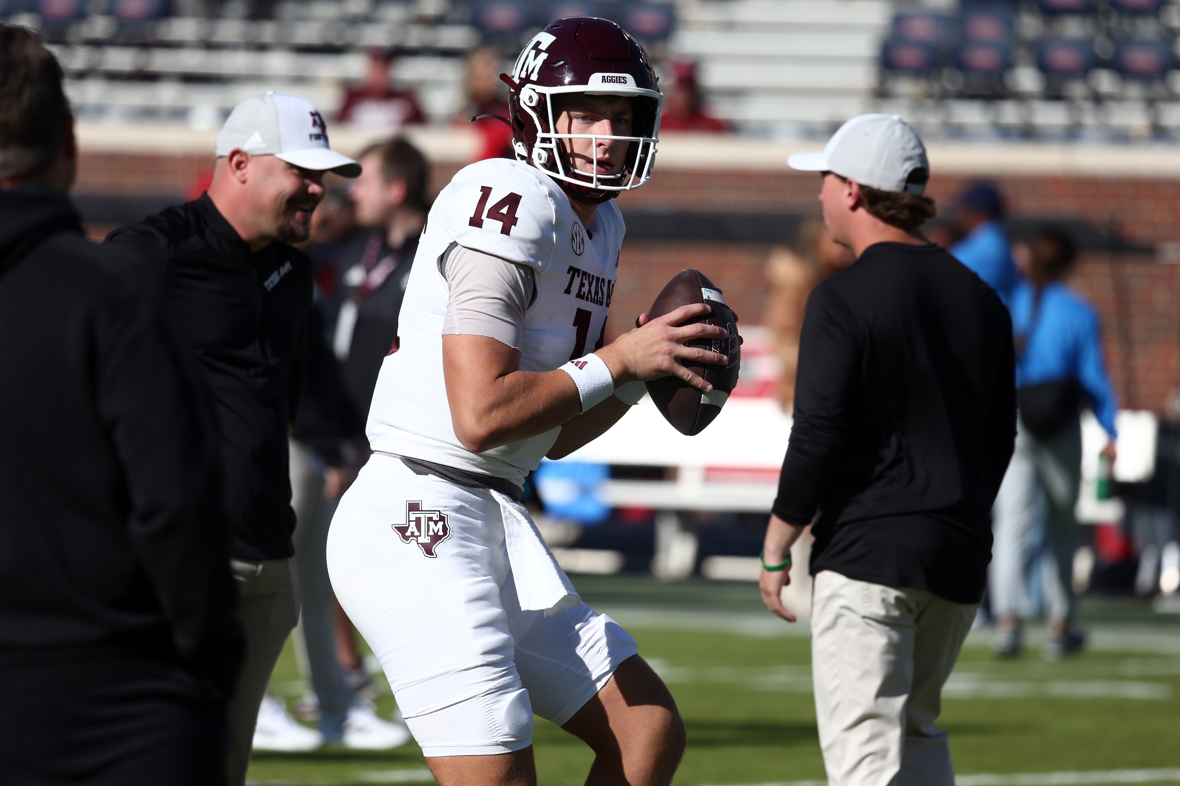 Texas A&M Aggies Max Johnson warms up at Vaught-Hemingway Stadium prior to taking on the Ole Miss Rebels in Oxford, Miss. 