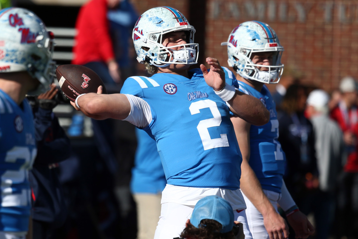 Ole Miss quarterback Jaxson Dart warms up at Vaught-Hemingway Stadium in Oxford, Miss.