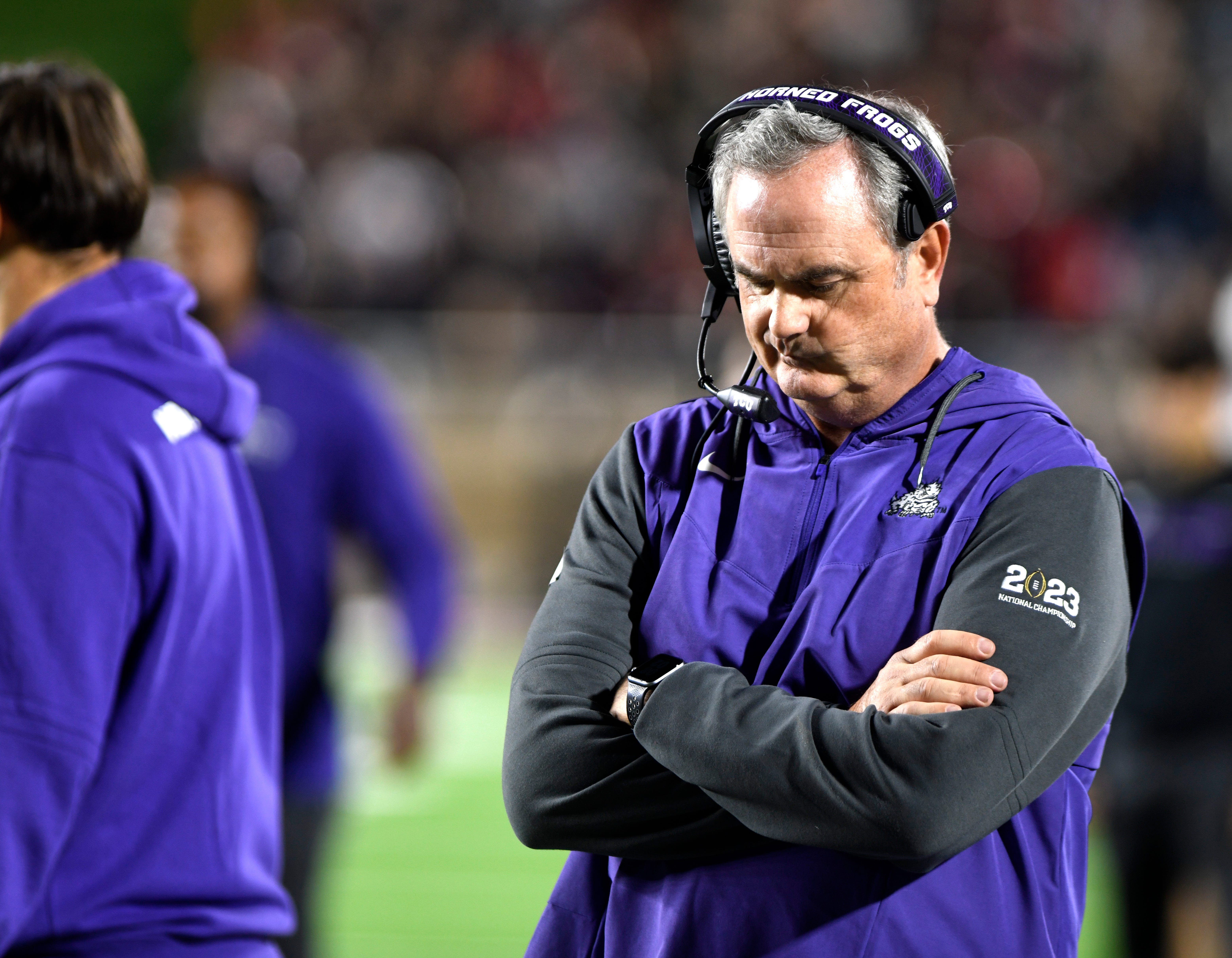 TCU's head coach Sonny Dykes makes a face during the Big 12 football game against Texas Tech, Thursday, Nov. 2, 2023, at Jones AT&T Stadium.