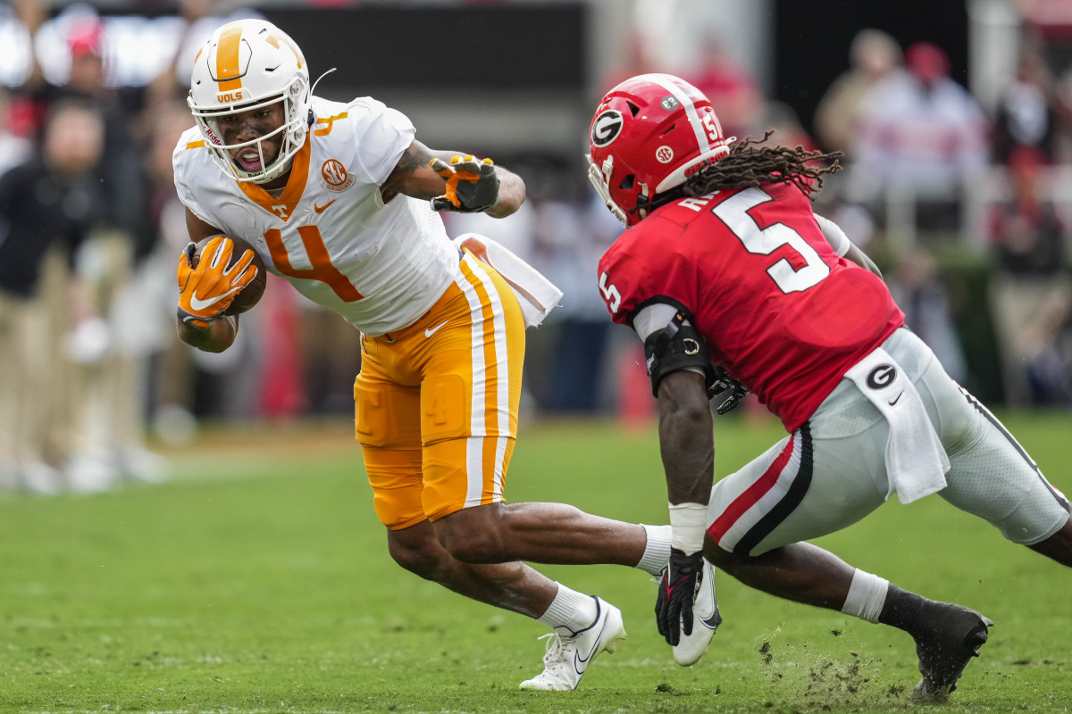 Former Tennessee Volunteers WR Cedric Tillman making a move on a Georgia defender during the 2022 loss. (Photo by Dale Zanine of USA Today Sports)