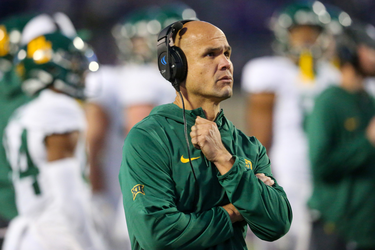 Nov 11, 2023; Manhattan, Kansas, USA; Baylor Bears head coach Dave Aranda looks on during the fourth quarter against the Kansas State Wildcats at Bill Snyder Family Football Stadium. Mandatory Credit: Scott Sewell-USA TODAY Sports