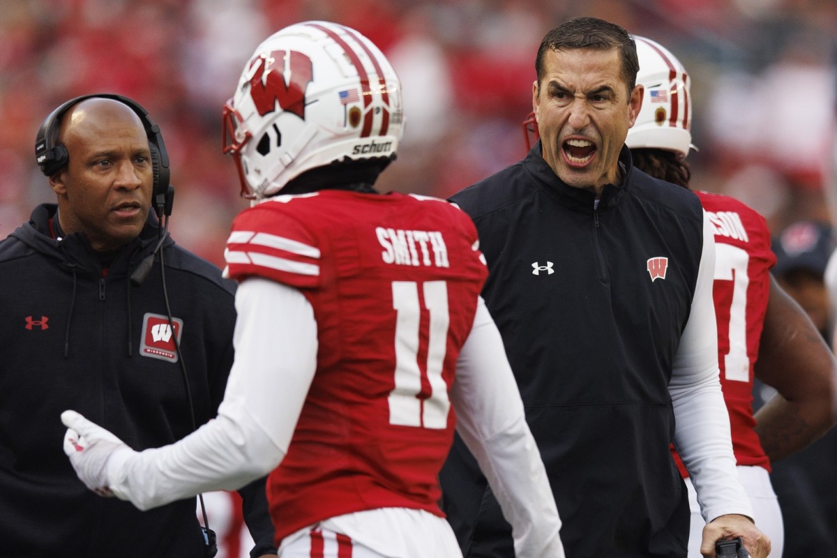 Nov 11, 2023; Madison, Wisconsin, USA; Wisconsin Badgers head coach Luke Fickell reacts following an Northwestern Wildcats touchdown during the second quarter at Camp Randall Stadium. Mandatory Credit: Jeff Hanisch-USA TODAY Sports