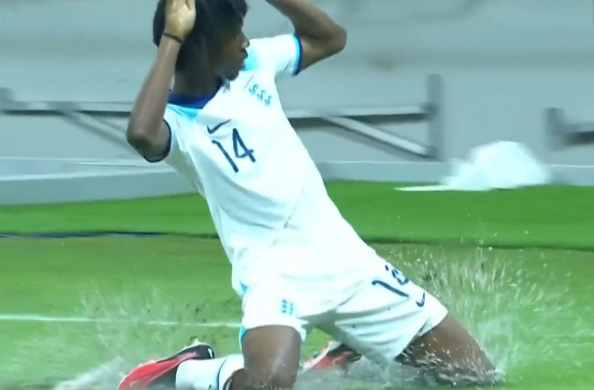 Reiss-Alexander Russell-Denny pictured celebrating after scoring a goal for England against Iran at the 2023 FIFA U17 World Cup