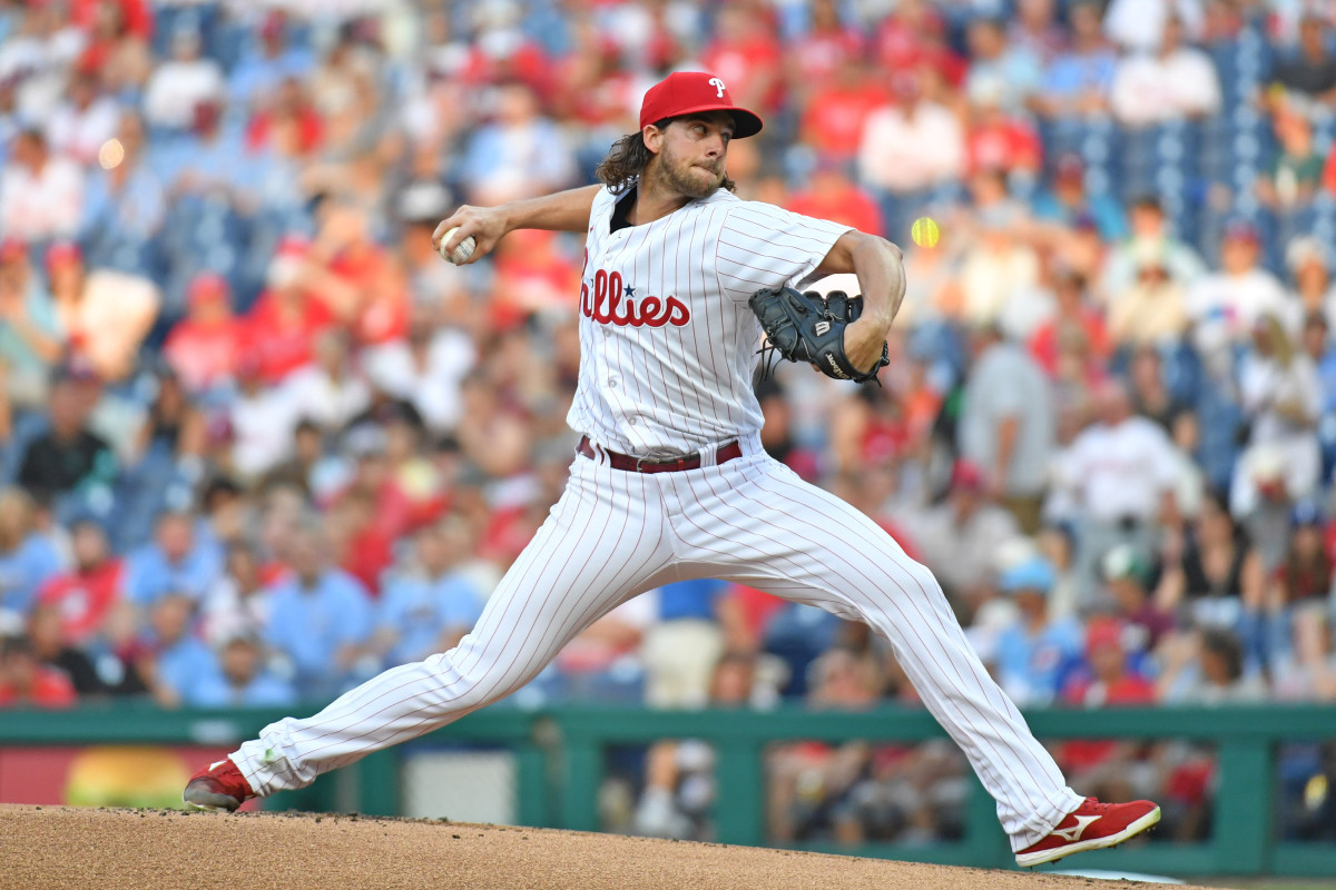 Philadelphia Phillies starting pitcher Aaron Nola throws a pitch during the first inning against the SF Giants at Citizens Bank Park. (2023)