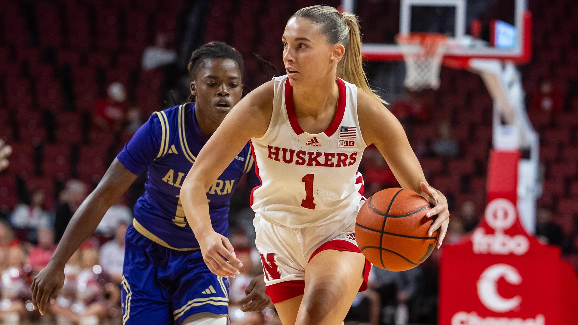 Nebraska guard Jaz Shelley handles the ball against Alcorn State. She played just three minutes before leaving the game with an injury. (Nov. 14, 2023)