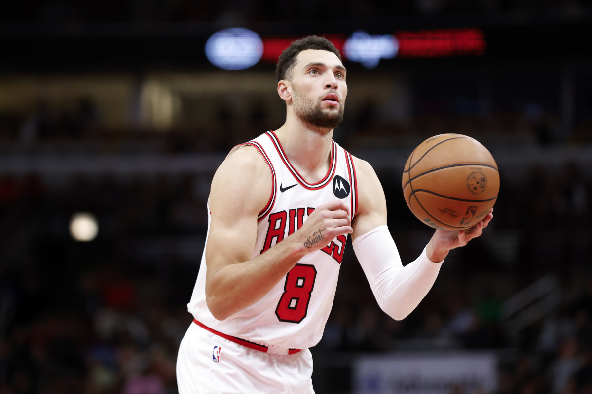 Nov 6, 2023; Chicago, Illinois, USA; Chicago Bulls guard Zach LaVine (8) shoots a free throw against the Utah Jazz during the second half at United Center.
