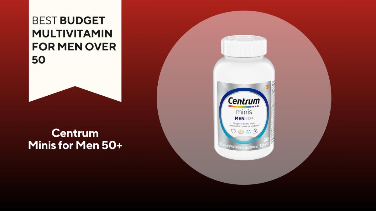 A red and black background with a white banner that reads Best Budget Multivitamin for Men Over 50 next to a bottle of Centrum Silver Minis Men 50+ Multivitamins