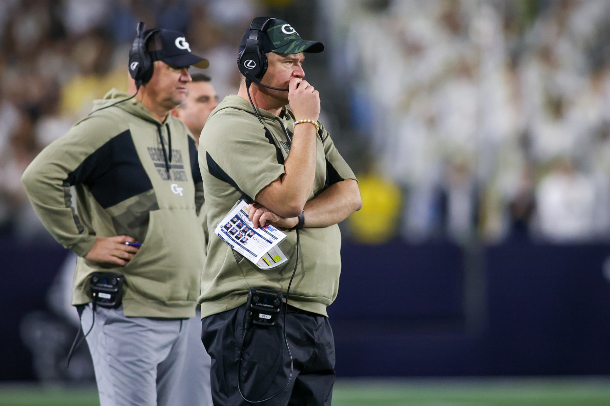 Nov 18, 2023; Atlanta, Georgia, USA; Georgia Tech Yellow Jackets head coach Brent Key on the sideline against the Syracuse Orange in the second half at Bobby Dodd Stadium at Hyundai Field. Mandatory Credit: Brett Davis-USA TODAY Sports  