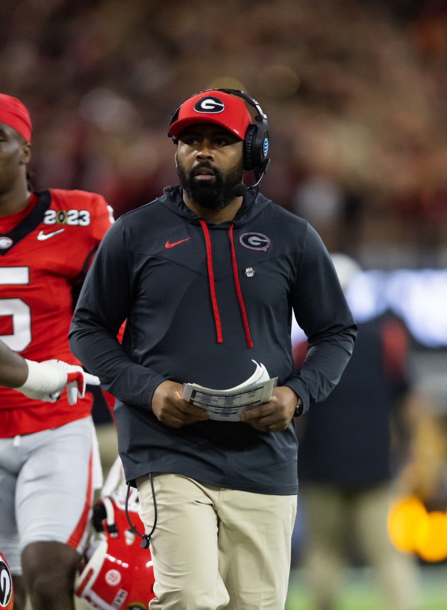 Jan 9, 2023; Inglewood, CA, USA; Georgia Bulldogs defensive backs coach Fran Brown against the TCU Horned Frogs during the CFP national championship game at SoFi Stadium. (Mark J. Rebilas / USA TODAY Sports).