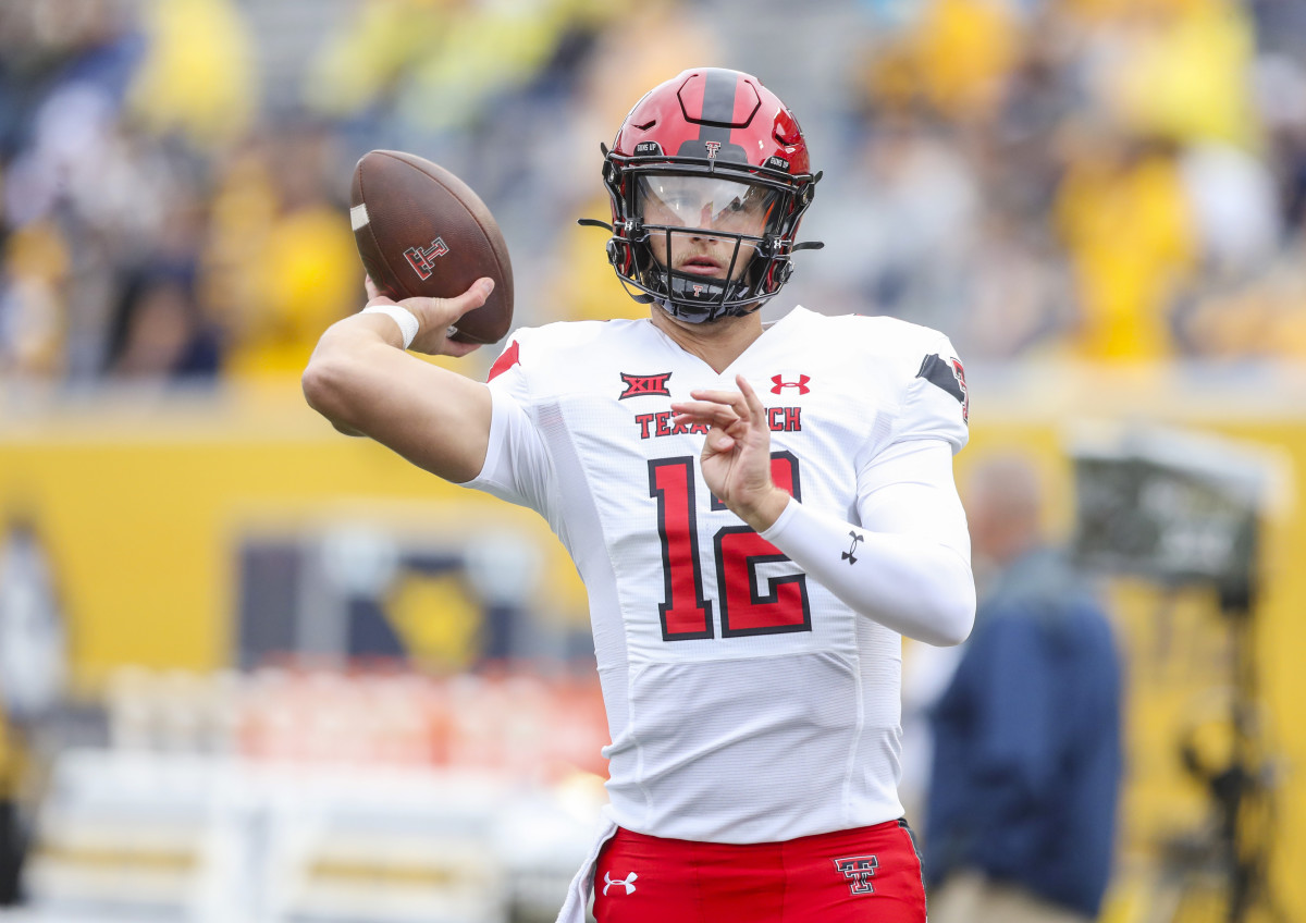 Sep 23, 2023; Morgantown, West Virginia, USA; Texas Tech Red Raiders quarterback Tyler Shough (12) throws a pass during warmups prior to their game against the West Virginia Mountaineers at Mountaineer Field at Milan Puskar Stadium. Mandatory Credit: Ben Queen-USA TODAY Sport