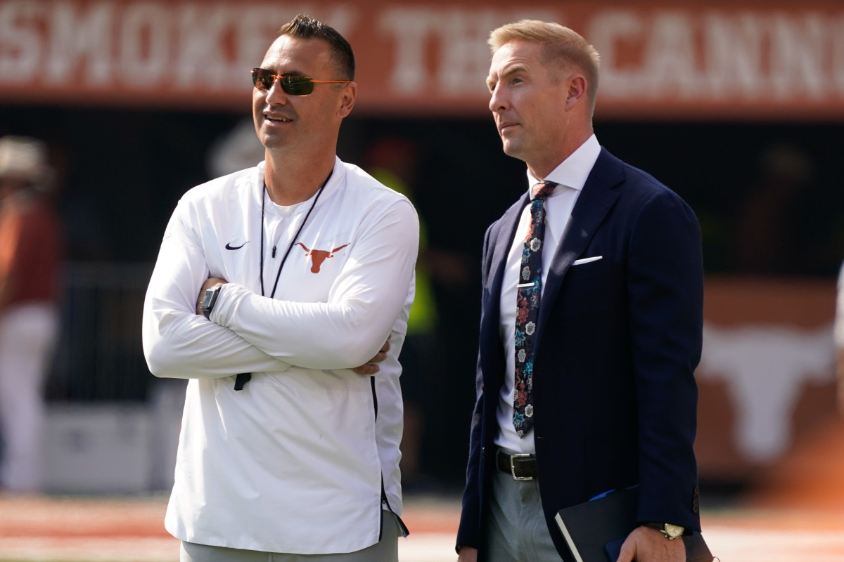 Sep 10, 2022; Austin, Texas, USA; Texas Longhorns head coach Steve Sarkisian talks with Fox Sports analyst Joel Klatt before the game against the Alabama Crimson Tide at Darrell K Royal-Texas Memorial Stadium. Mandatory Credit: Scott Wachter-USA TODAY Sports 
