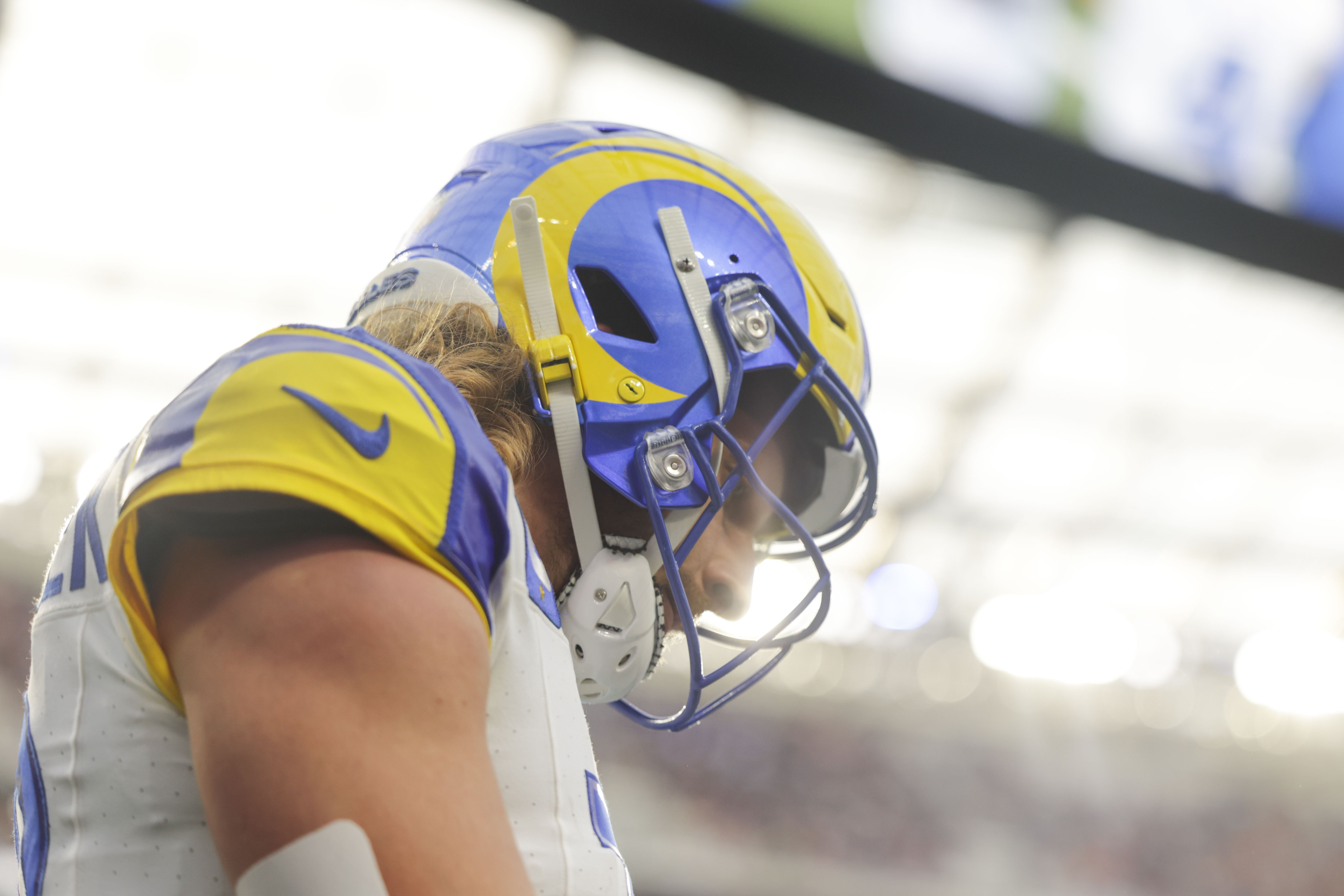 Dec 3, 2023; Inglewood, California, USA; Los Angeles Rams wide receiver Ben Skowronek (18) walks after a play in the first half in a game against the Cleveland Browns at SoFi Stadium. Mandatory Credit: Yannick Peterhans-USA TODAY Sports