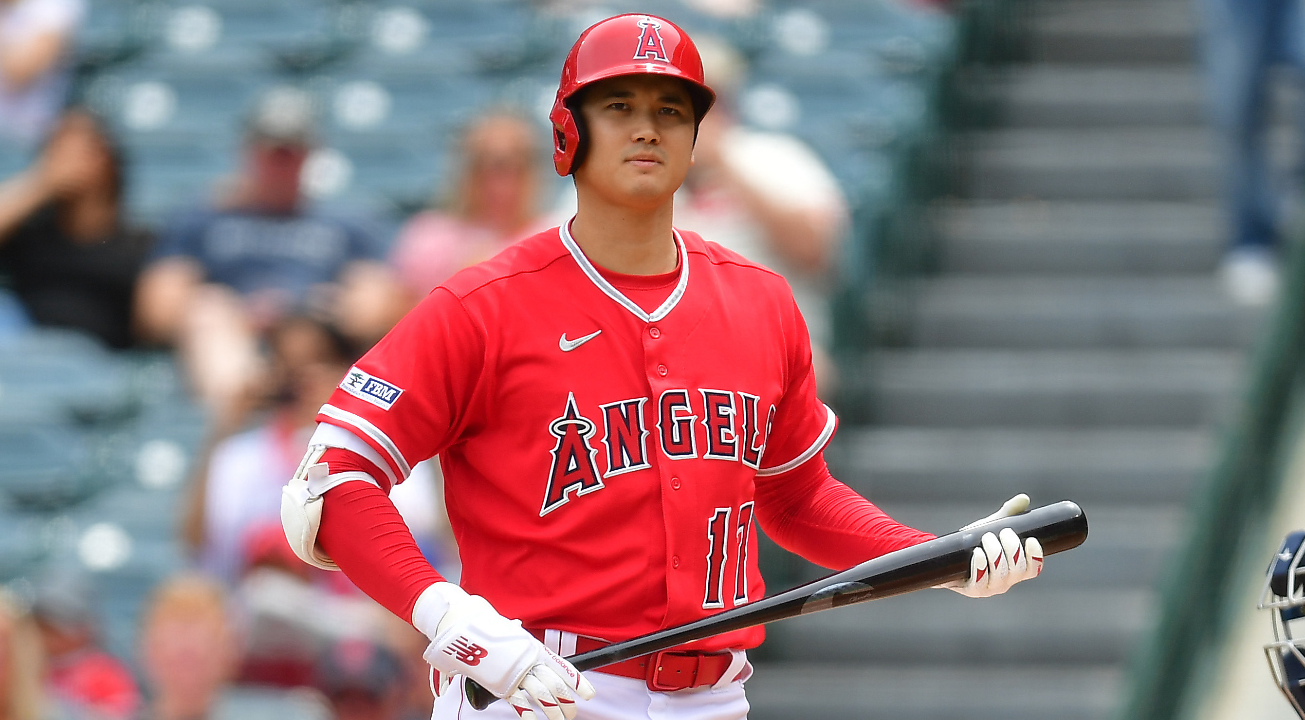 Angels hitter Shohei Ohtani holds his bat