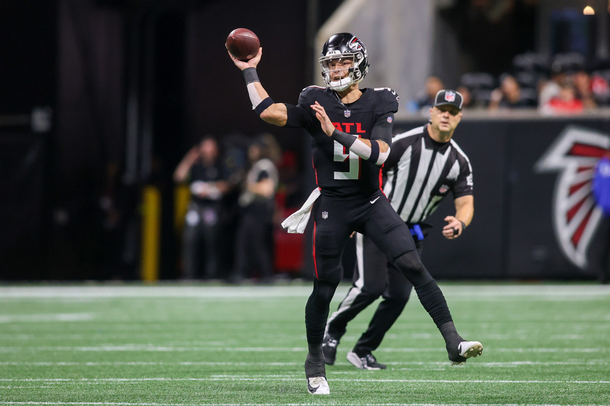 Atlanta Falcons quarterback Desmond Ridder in action Dec. 10, 2023, against the Tampa Bay Buccaneers.