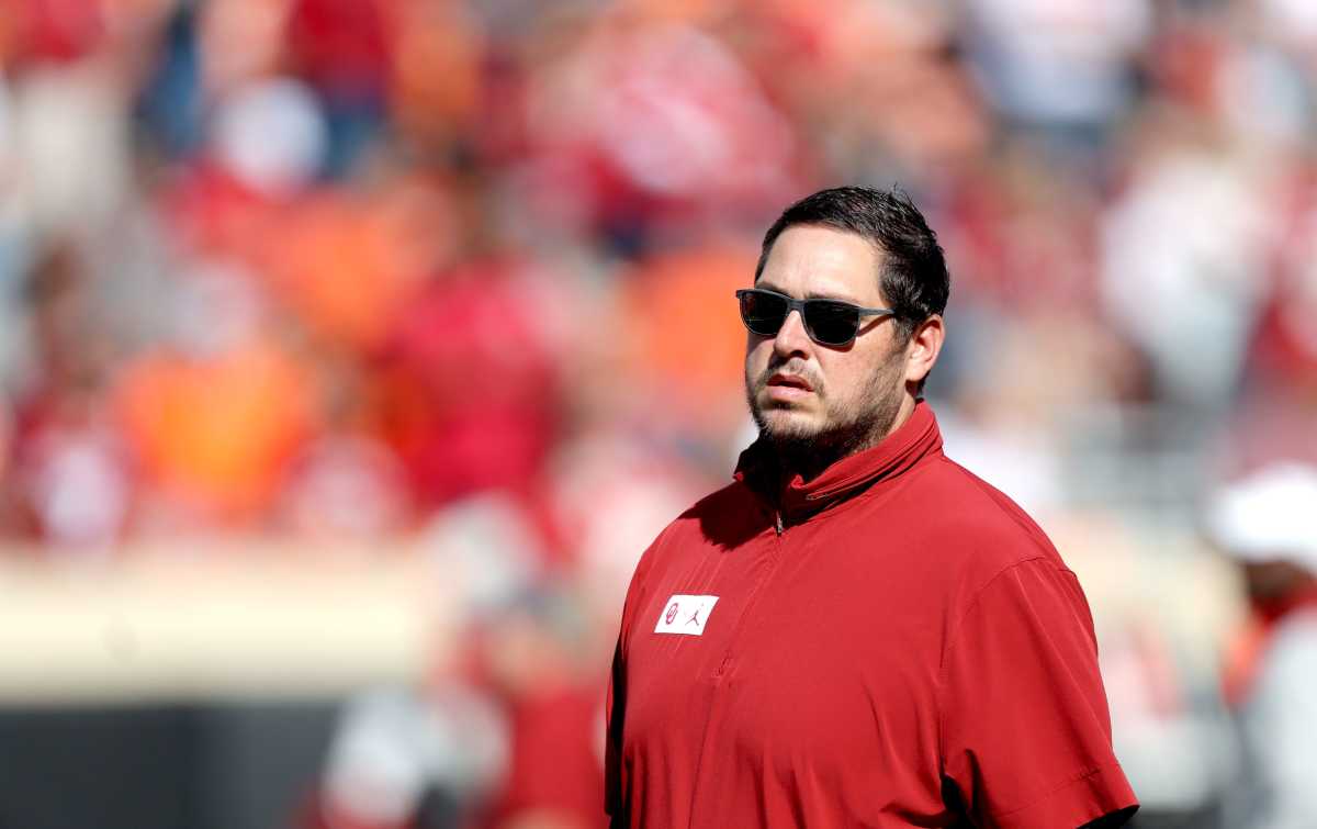 Oklahoma offensive coordinator Jeff Lebby in the first half during a Bedlam college football game between the Oklahoma State University Cowboys (OSU) and the University of Oklahoma Sooners (OU) at Boone Pickens Stadium in Stillwater, Okla., Saturday, Nov. 4, 2023
