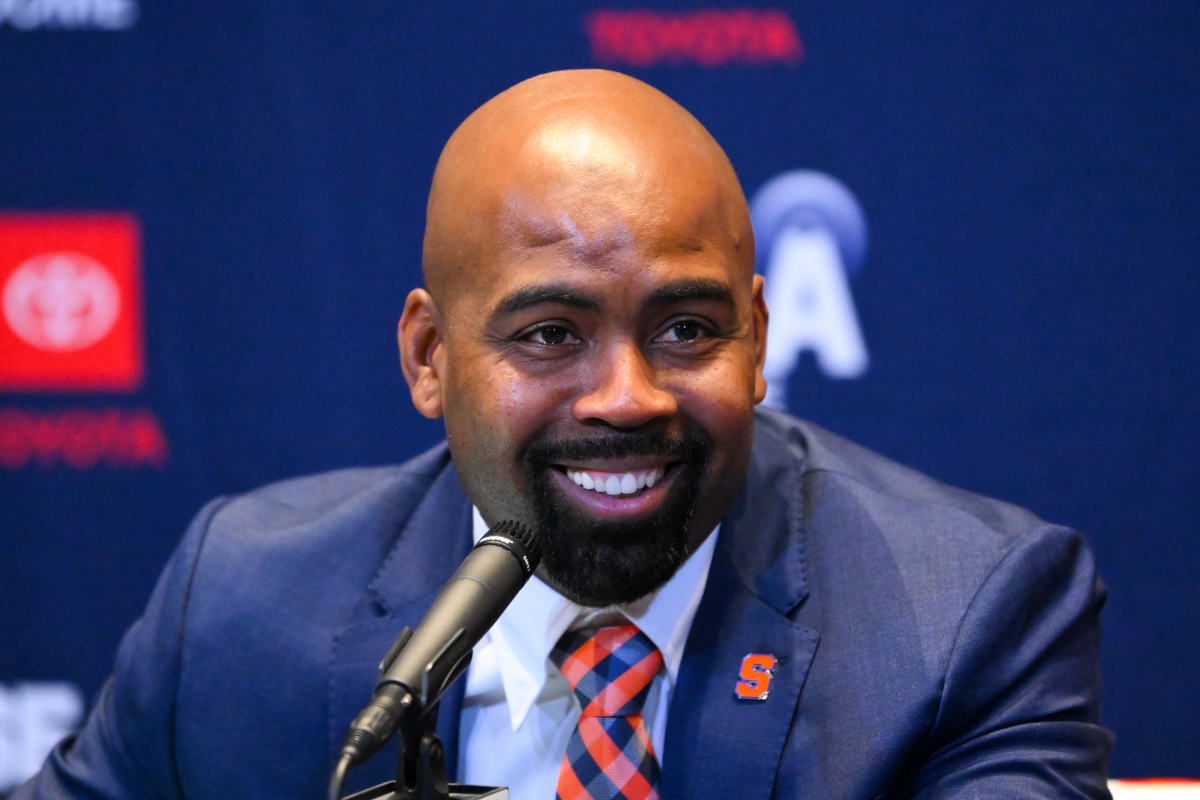 Dec 4, 2023; Syracuse, NY, USA; Syracuse Orange head coach Fran Brown reacts during a press conference at the John A. Lally Athletics Complex. Mandatory Credit: Rich Barnes-USA TODAY Sports
