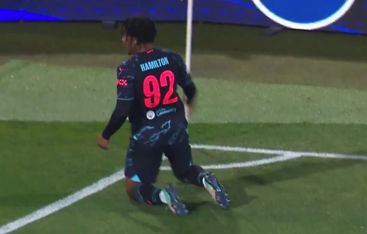 Micah Hamilton pictured celebrating after scoring a goal on his Manchester City debut - a 3-2 away win over Red Star Belgrade in the UEFA Champions League in December 2023