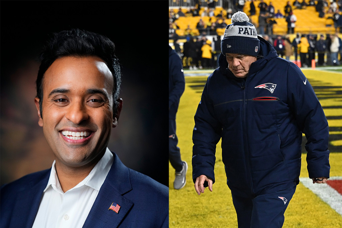 2024 Republican primary candidate Vivek Ramaswamy (left) and New England Patriots coach Bill Belichick (right).