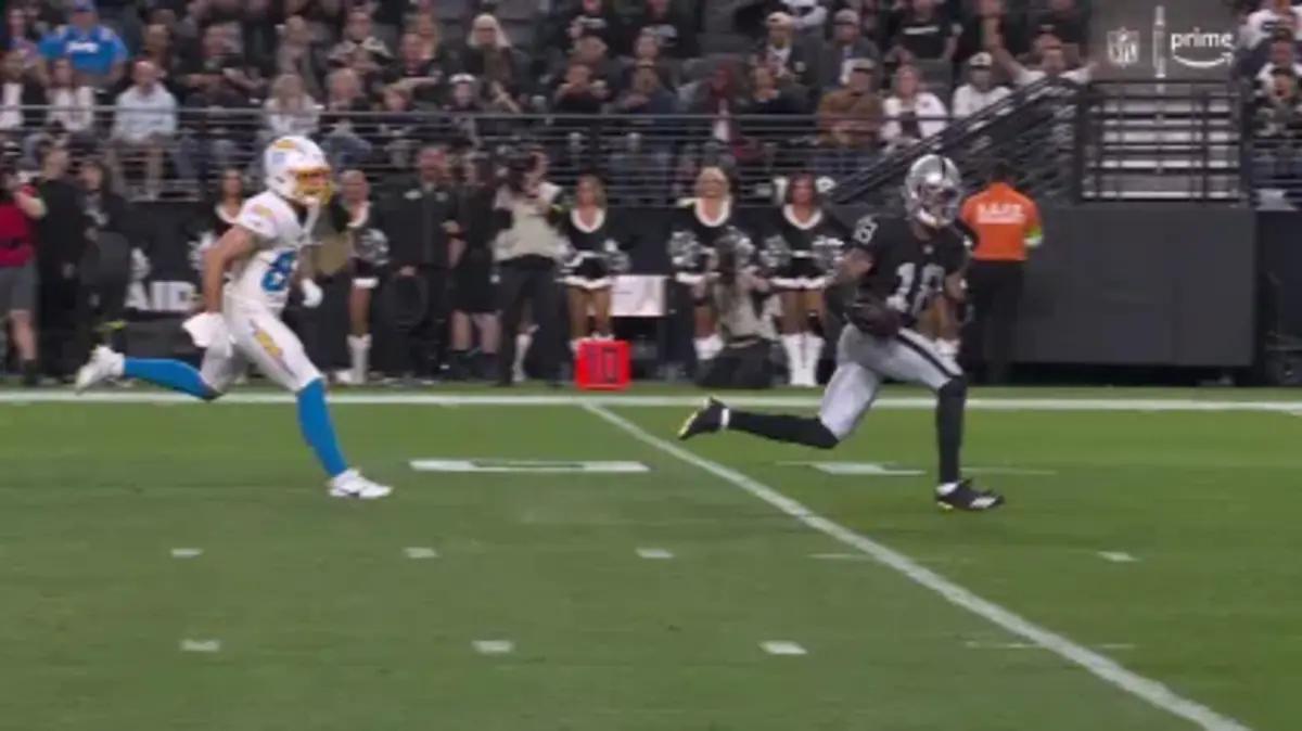 Former Patriots draft choice Jack Jones scored on a Pick 6 in the Raiders' rout of the Chargers Thursday night.