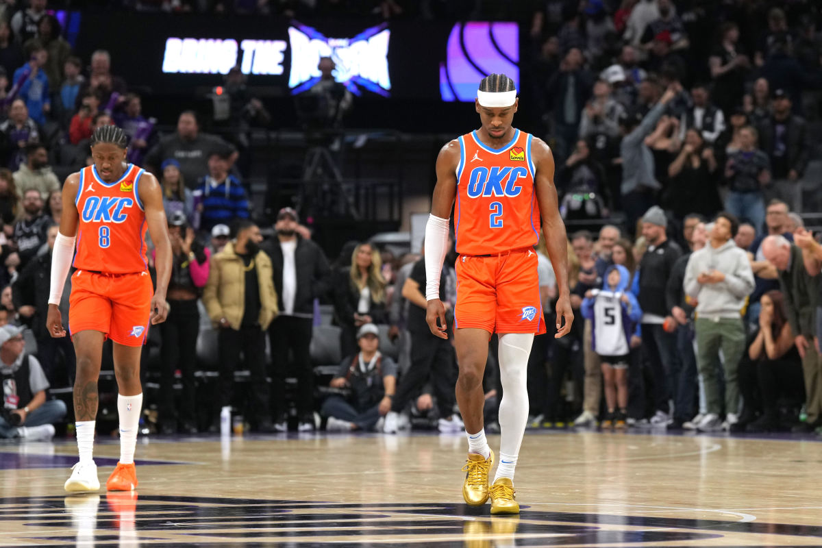 Dec 14, 2023; Sacramento, California, USA; Oklahoma City Thunder guard Shai Gilgeous-Alexander (2) walks to the bench during the fourth quarter against the Sacramento Kings at Golden 1 Center.