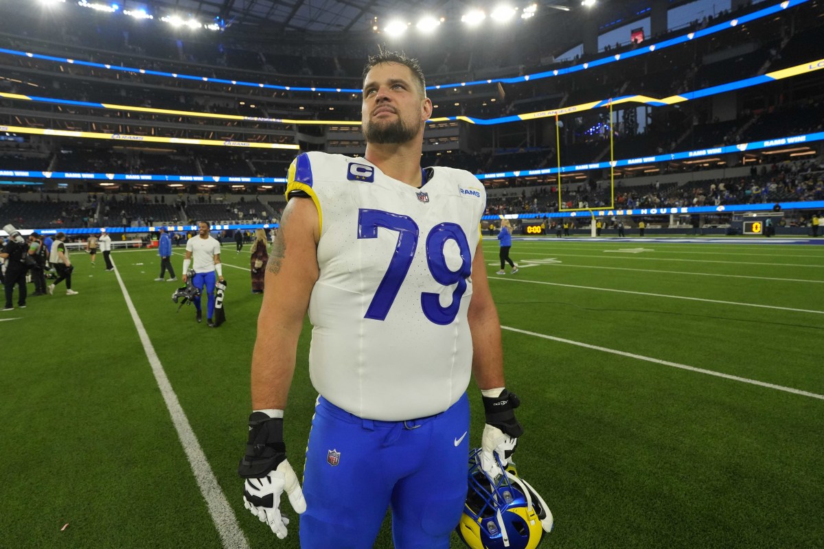 Dec 3, 2023; Inglewood, California, USA; Los Angeles Rams offensive tackle Rob Havenstein (79) reacts after the game against the Cleveland Browns at SoFi Stadium.