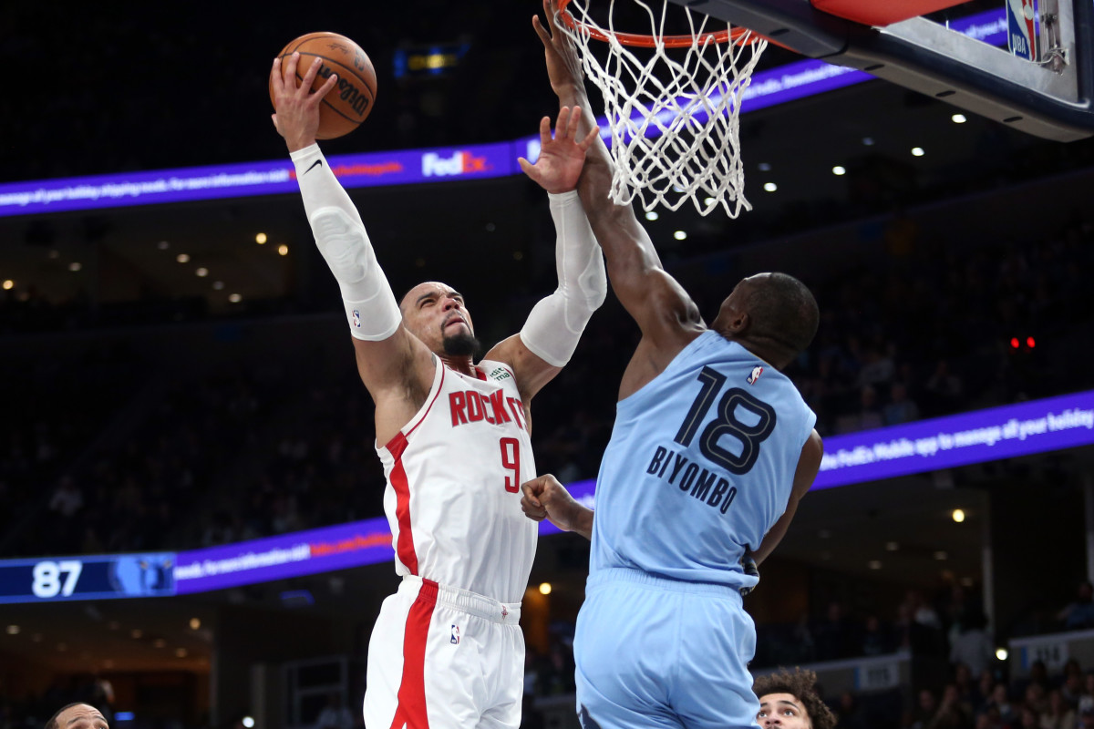Houston Rockets forward Dillon Brooks (9) shoots as Memphis Grizzlies center Bismack Biyombo (18) defends during the second half at FedExForum.