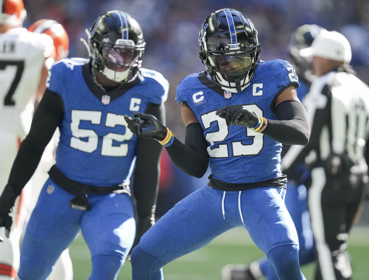 Oct 22, 2023; Indianapolis, Indiana, USA; Indianapolis Colts cornerback Kenny Moore II (23) celebrates after sacking Cleveland Browns quarterback PJ Walker (10) during a game against the Cleveland Browns at Lucas Oil Stadium. 