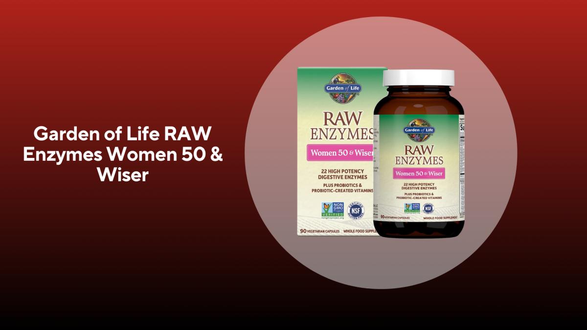 A box next to a bottle both with green and tan labels with pink writing of garden of life raw enzymes women 50 & wiser against a red background