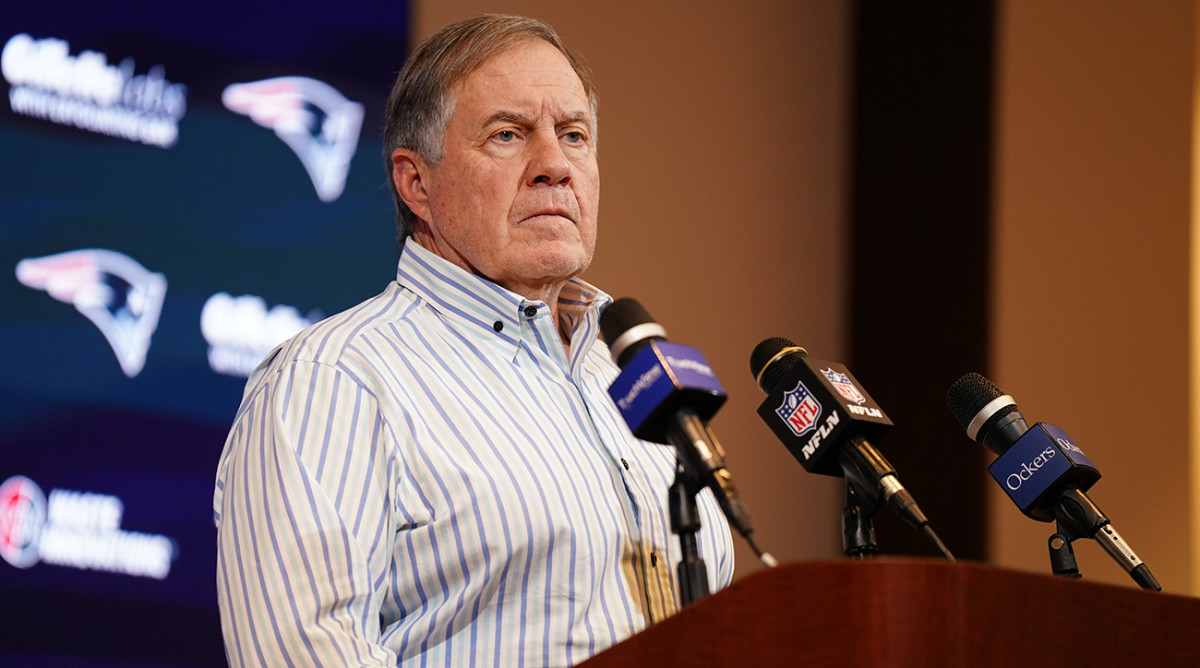 New England Patriots head coach Bill Belichick addresses the media after a loss to the New York Jets in Week 18.