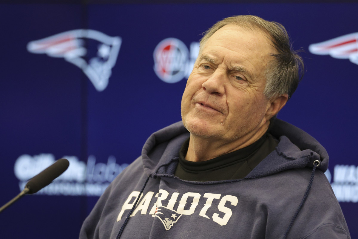 Nov 10, 2023; Frankfurt, Germany; New England Patriots head coach Bill Belichick speaks to the media before an NFL International Series practice at the Deutcher Fussball-Bund facility.