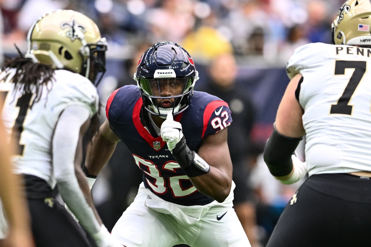 Oct 15, 2023; Houston, Texas, USA; Houston Texans defensive end Dylan Horton (92) in action during the first quarter against the New Orleans Saints at NRG Stadium. Mandatory Credit: Maria Lysaker-USA TODAY Sports  
