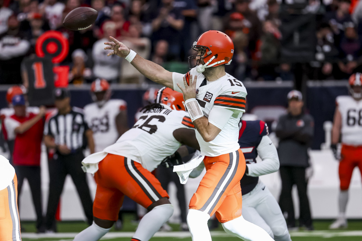 Jan 13, 2024; Houston, Texas, USA: Cleveland Browns quarterback Joe Flacco (15) throws the ball during the first quarter a 2024 AFC wild card game at NRG Stadium.