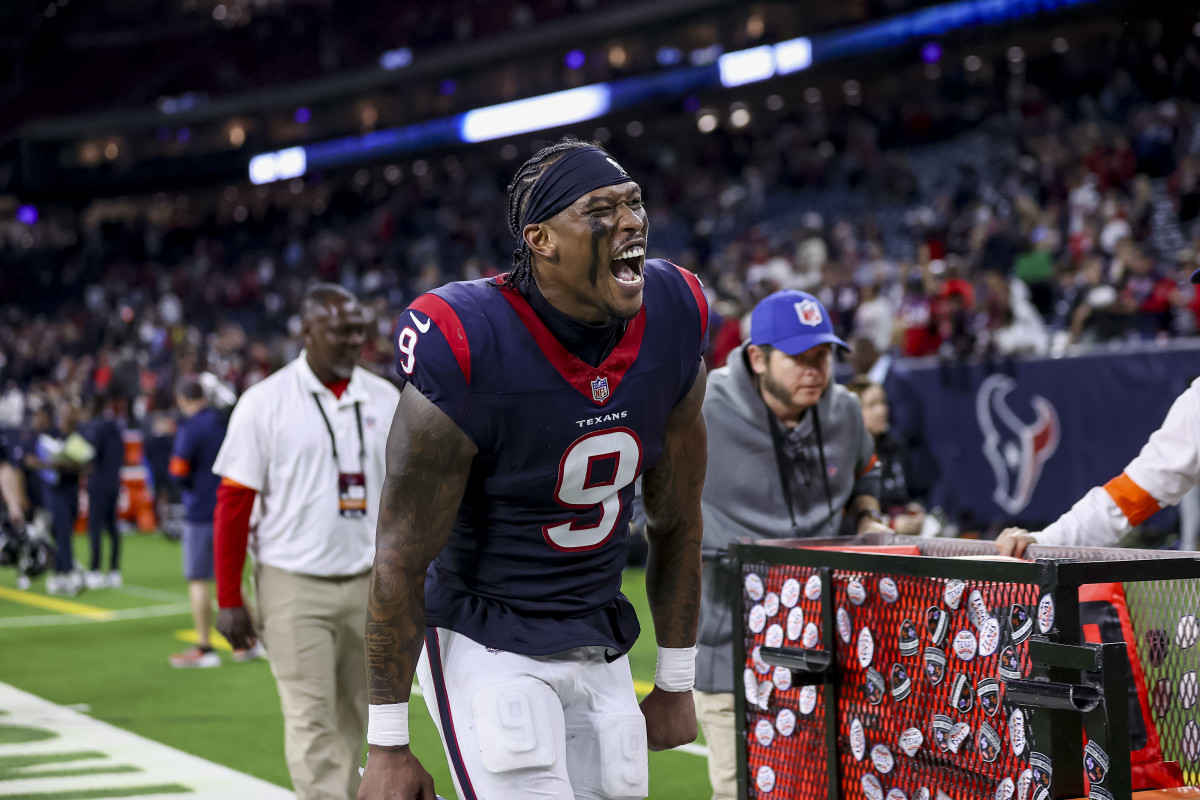 Houston Texans tight end Brevin Jordan (9) celebrates their win against the Cleveland Browns in a 2024 AFC wild card game at NRG Stadium.