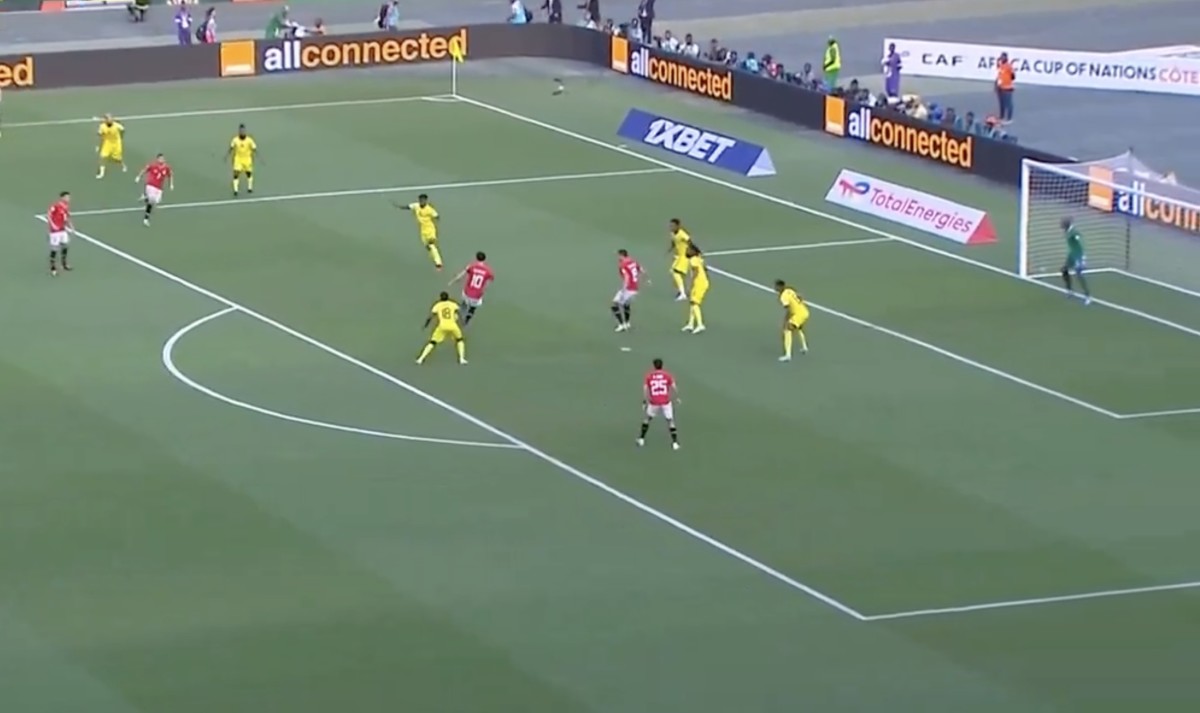 Mo Salah pictured (no.10) attempting to shoot during Egypt's game against Mozambique in the Africa Cup of Nations in January 2024